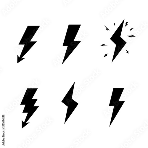 Set of icons representing lightning bolt, lightning strike or thunderstorm. Suitable for voltage, electricity and power signs. Vector Illustration