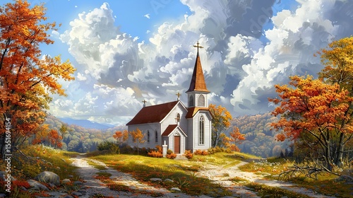 Idyllic church surrounded by colorful wildflowers and open countryside
