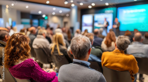Wide view of attendees at business presentation in bright modern conference room