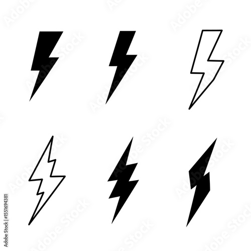 Set of icons representing lightning bolt, lightning strike or thunderstorm. Suitable for voltage, electricity and power signs. Vector Illustration