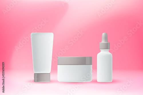 Cosmetic 3D render product packaging mockup set, pink gradient background with copy space, lotion bottle, cream jar, serum dropper, clean matt glass, light gray glowing cap. Beauty sale banner.