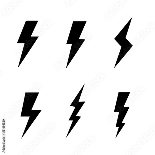 Set of icons representing lightning bolt, lightning strike or thunderstorm. Suitable for voltage, electricity and power signs. Vector Illustration