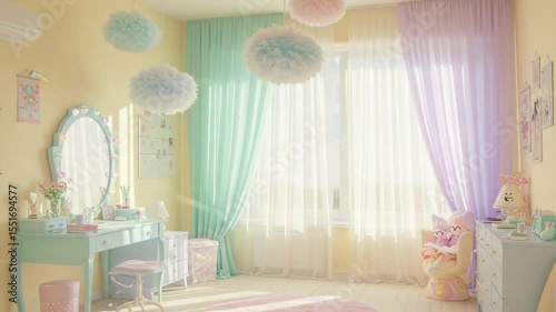 Bright and whimsical pastel-themed children's room with fluffy decor