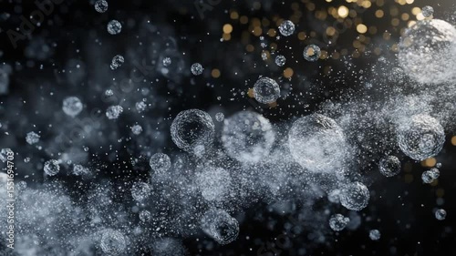 Bubbles Rising in a Dark Background with Sparkling Lights and Mist