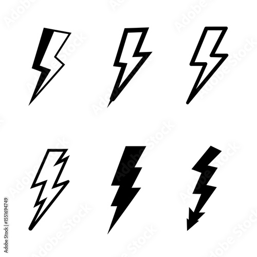Set of icons representing lightning bolt, lightning strike or thunderstorm. Suitable for voltage, electricity and power signs. Vector Illustration