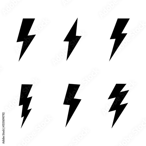 Set of icons representing lightning bolt, lightning strike or thunderstorm. Suitable for voltage, electricity and power signs. Vector Illustration