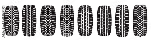 Collection of diverse tire tracks isolated on white background showing different tread patterns from various vehicles, including off-road, bicycle, motorcycle, and heavy-duty truck tires