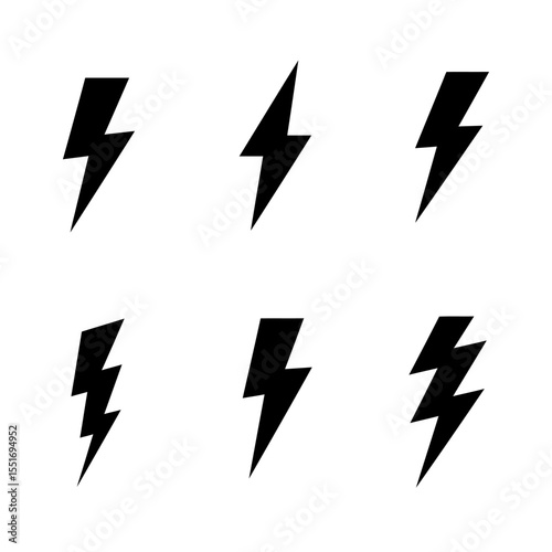 Set of icons representing lightning bolt, lightning strike or thunderstorm. Suitable for voltage, electricity and power signs. Vector Illustration