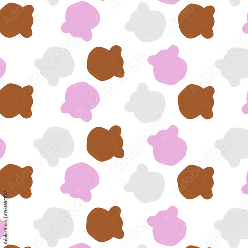 Seamless pattern featuring cartoon-style ice cream scoops in chocolate, strawberry, and vanilla flavors. Repeated hand-drawn elements with clean outlines and soft pastel colors.