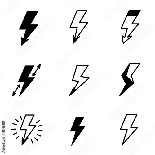 Set of icons representing lightning bolt, lightning strike or thunderstorm. Suitable for voltage, electricity and power signs. Vector Illustration