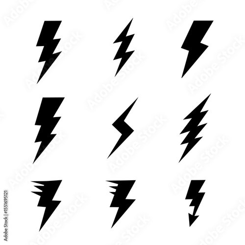 Set of icons representing lightning bolt, lightning strike or thunderstorm. Suitable for voltage, electricity and power signs. Vector Illustration