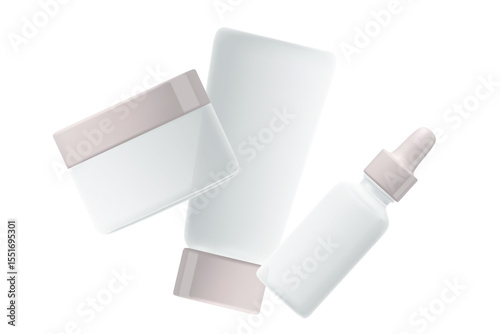 Cosmetic product packaging mockup, cream tube, cream jar, serum dropper, floating design, clean white mat clear glass, nude gray, beige glowing cap. Beauty spa pack isolated, transparent background.