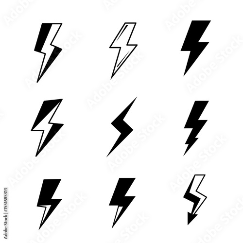 Set of icons representing lightning bolt, lightning strike or thunderstorm. Suitable for voltage, electricity and power signs. Vector Illustration