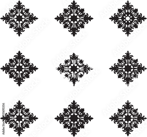 a minimalist vector illustration of intricately designed ornaments in perfect silhouette, set against a crisp, pure white background that provides high contrast and makes the ornaments stand out, with