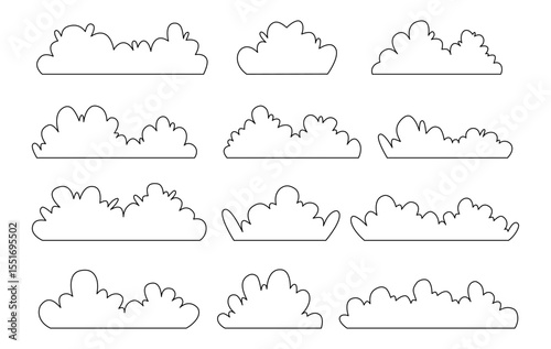 Outline Bushes Set. Hand Drawn Grass Shrub Collection Isolated on White. Line Art Vector Illustration