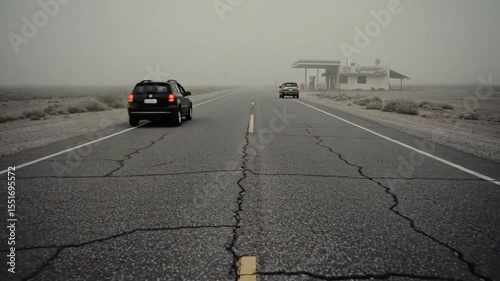 Car driving on a cracked road in a foggy landscape with a gas station