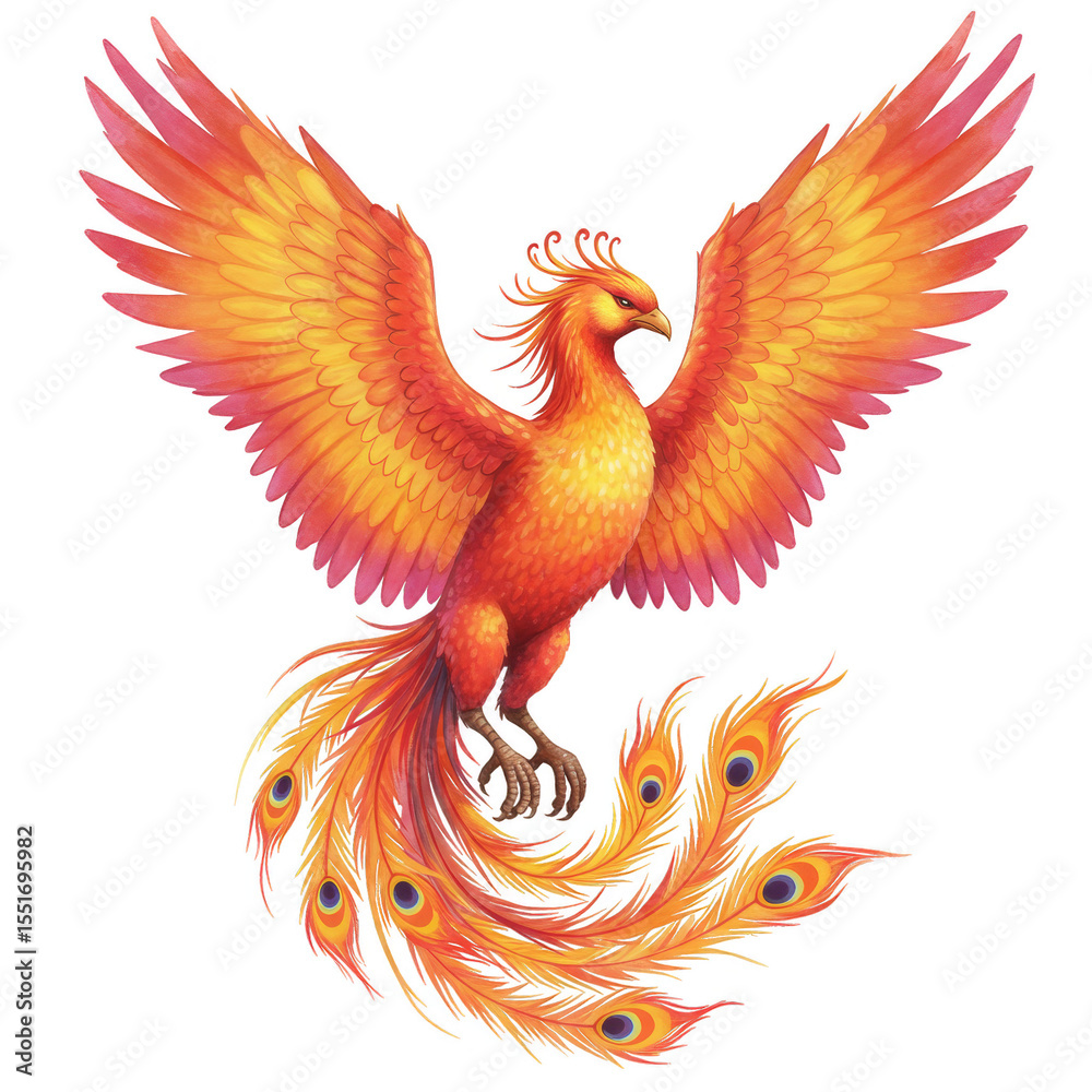 Obraz premium Illustration Fiery Phoenix Bird Wings Flying on Transparent Background