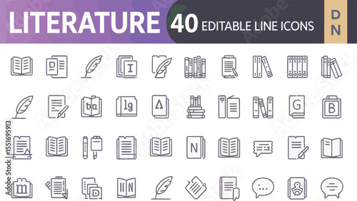 Forty Editable Line Icons for Literature Design Projects featuring Books, Quills, and Alphabets ideal for Branding and Logos