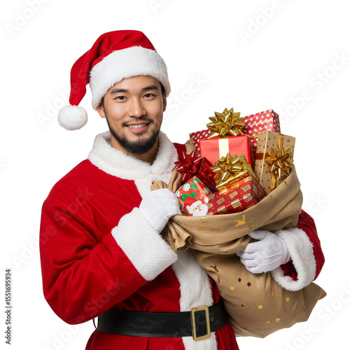 Festive Portrait of Asian Man in Santa Claus Costume with Gift Sack PNG