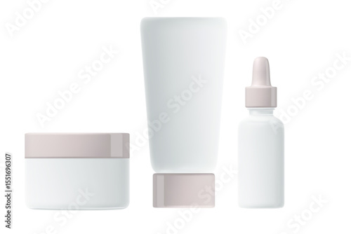 Cosmetic 3D render product packaging mockup set, lotion tube, cream jar, serum bottle, clean white plastic, light gray glowing flip top cap. Beauty pack isolated, transparent background.