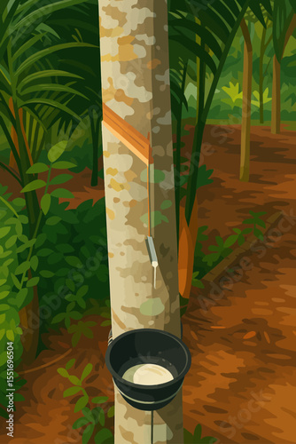 A rubber tree in a plantation with a diagonal cut on its bark to extract latex. A metal spout guides the white latex into a black collecting cup attached to the tree trunk. The surrounding area is lus