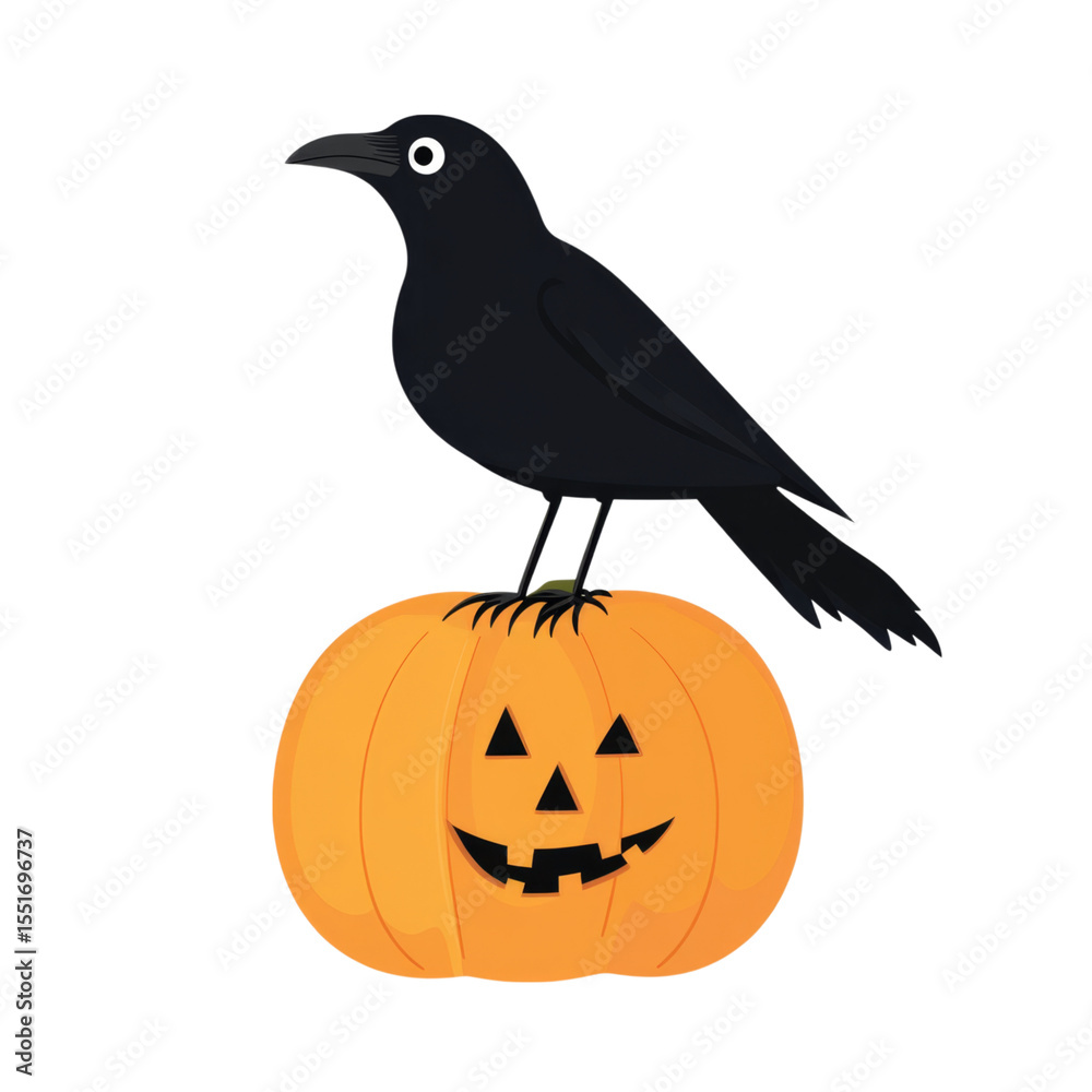 Obraz premium Creepy black crow perched on carved pumpkin, perfect for Halloween decor