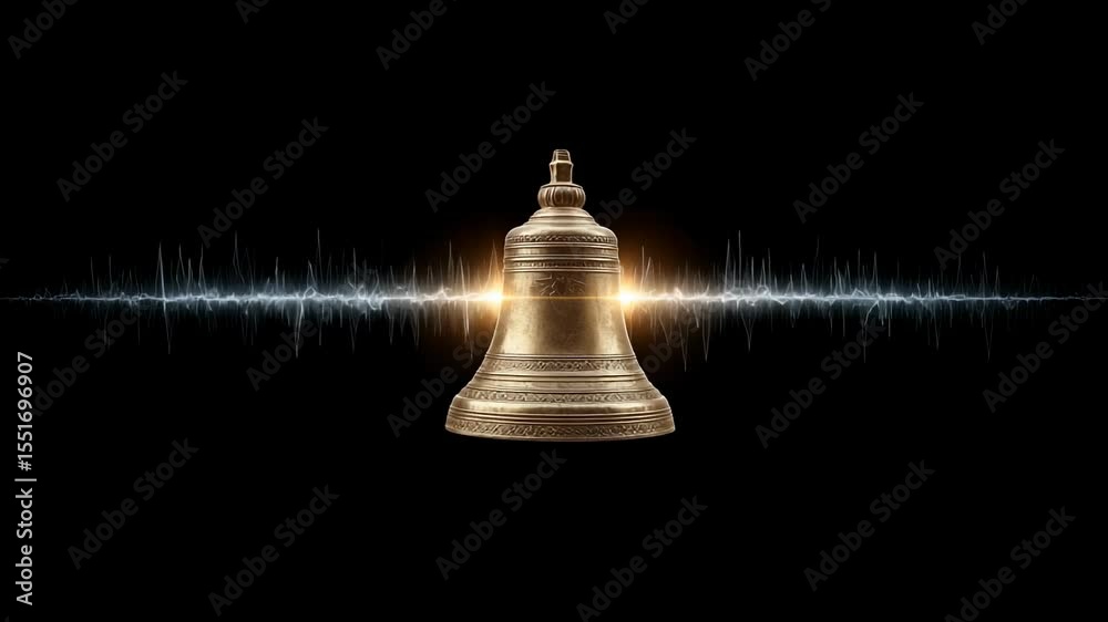 Golden bell with glowing sound wave vibration on black background symbolizing sound and resonance concept