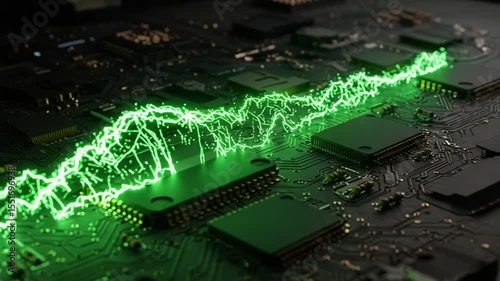 Circuit board with vibrant green energy wave illustrating technology dynamics