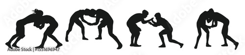 collection silhouettes wrestling with different pose gesture isolated white background.
