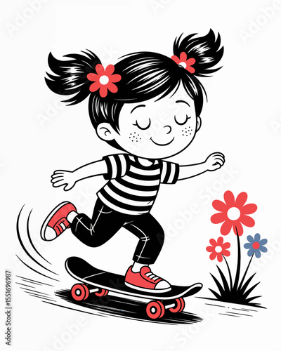 A whimsical black and white illustration happy girl with red accents of a cartoon character skateboarding 