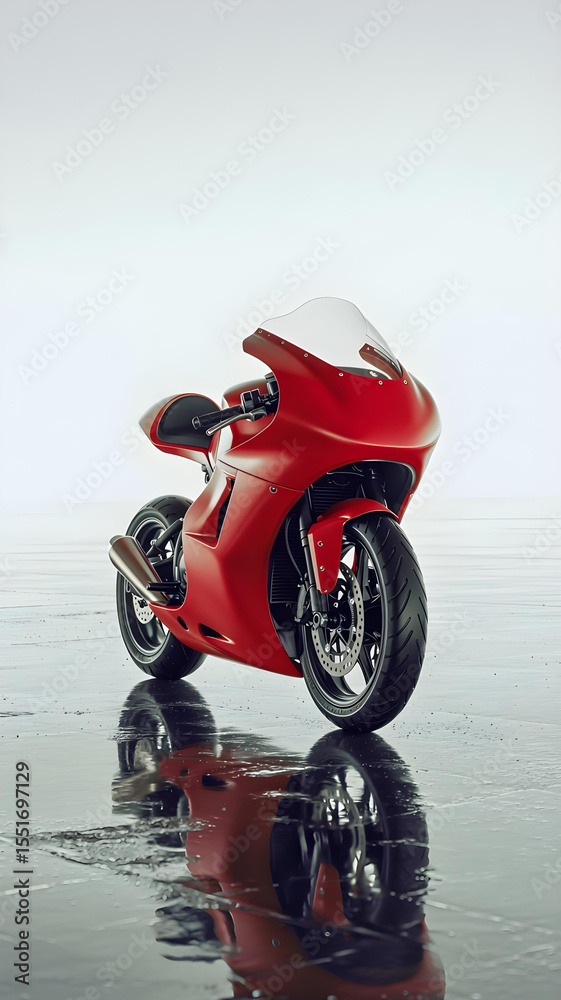 Fototapeta premium Solid red racing motorcycle with aerodynamic design on reflective white background.