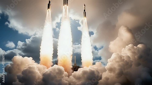 Dramatic view of rockets launching into the sky with billowing smoke and bright sunlight piercing through the clouds. The scene captures a powerful moment of lift-off.
