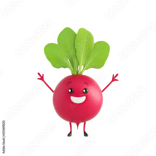 Friendly cartoon radish with fun face and green leaves on transparency background