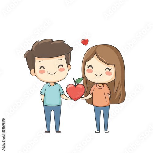Happy cartoon couple holding heart shaped apple, expressing love and joy together