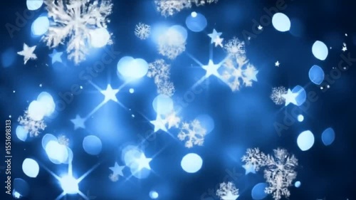 Sparkling Blue Festive Background with Stars and Snowflakes