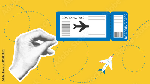 Airplane boarding pass in female hand collage. Travel concept, airplane flight. Horizontal flyer in mixed media including hand drawn and halftone elements. Vector