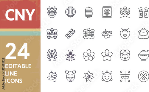 Discover twenty-four editable Chinese New Year line icons perfect for branding projects, website design, or app interfaces featuring charming dragon, lantern, and blossom motifs.