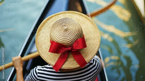 Woman in Straw Hat on a Gondola Ride in Venice, Italy. Scenic Canal Tour on a Romantic Summer Vacation in Europe