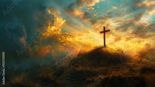 Inspirational cross scene with godly light breaking through the clouds