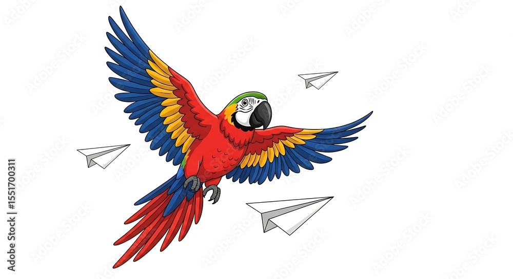 Fototapeta premium A vibrant macaw soars amidst a flurry of paper airplanes against a stark white background art