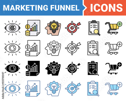 Marketing funnel icon set with multiple style collection.