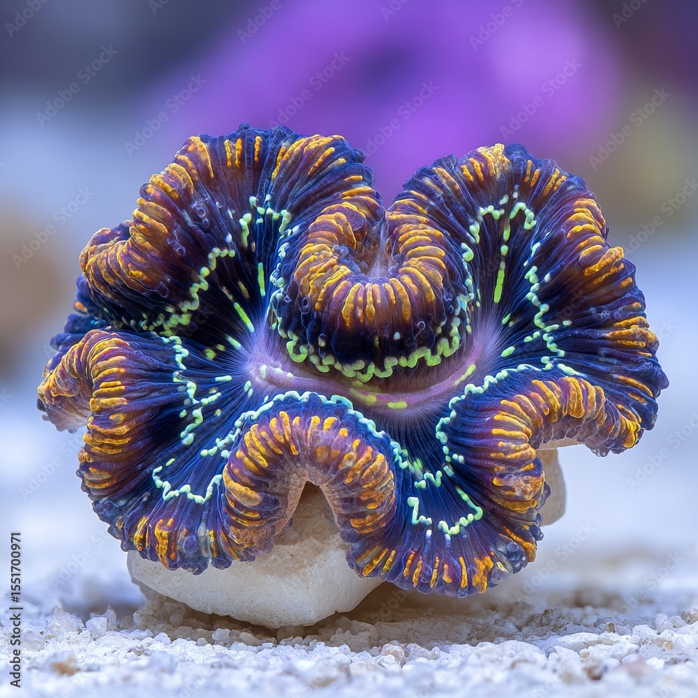 Obraz premium A close-up of vibrant orange coral polyp in a reef aquarium tank, showcasing an underwater scene of marine life