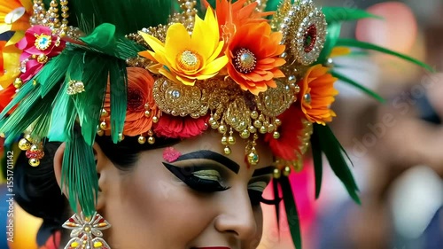 Vibrant Portrait of a Woman with Colorful Carnival Headdress and Artistic Makeup. Celebration of Culture and Festival