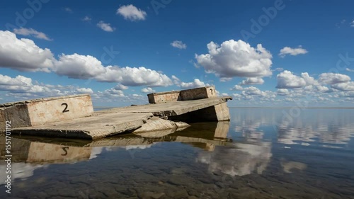 Abandoned concrete structure partially submerged in tranquil water under clouds