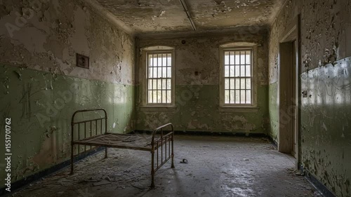 Abandoned hospital room with peeling paint and empty bed, showcasing decay