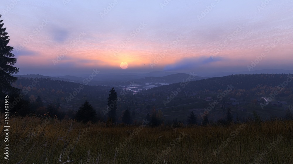 Obraz premium Serene sunrise over a valley, mist-shrouded hills, and a village nestled among evergreen trees. Golden hour light paints the sky