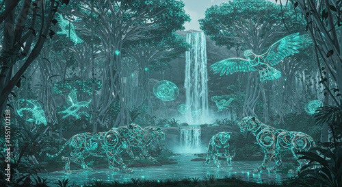 Enchanted Rainforest Mystical Waterfall and Luminescent Wildlife