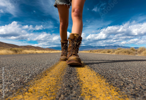 A close-up shot of rugged boots on a deserted highway, symbolizing the spirit of adventure and exploration.