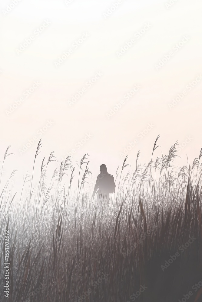 Obraz premium Silhouette Of Person Walking Through Tall Grass In A Foggy Field
