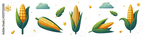 A banner-style image displaying various corn cobs and kernels, with scattered clouds and stars. Perfect for farm-to-table blogs, agricultural websites, food and recipe sites, or harvest-themed content
